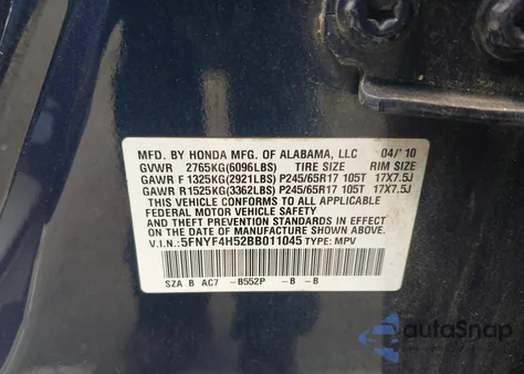 2011 Honda Pilot Ex-L from USA, damaged, VIN 5FNYF4H52BB011045
